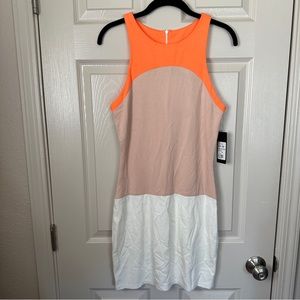 akira tan orange white color blocked bodycon dress